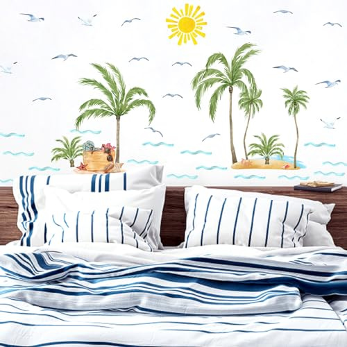 MOSITU Palm Tree Wall Stickers 47 Pcs Large Tropical Coconut Watercolour Sun Seagull Waves Beach Decals Removable Vinyl for Bedroom Living Room Spring Summer Decor