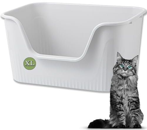 Vealind Extra große Katzentoilette mit hohen Seiten und niedrigem Einstieg Katzentoilette hohe Rückenlehne 64 x 45 x 33 cm, 100% auslaufsicher, Anti-Spritzer Katzentoilette XL (Grau)