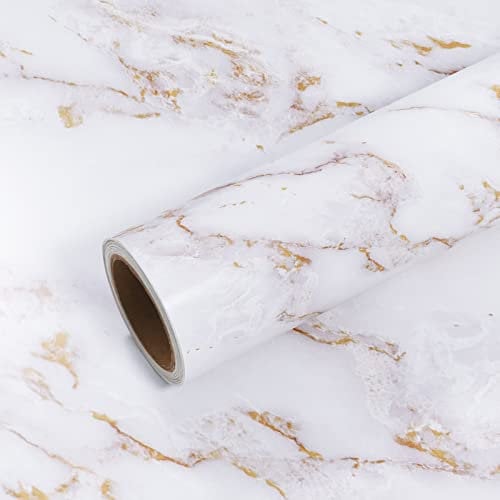 VEELIKE Papier Peint Marbre Blanc Or Mat Papier Adhesif Marbre Doré Papier Autocollant Marbre Épaissir Papier Peint Cuisine Comptoir Lavable Stickers Muraux Salle de Bain Toilette Salon 40cm×300cm