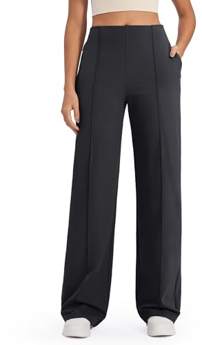 G4Free Hosen Damen Weites Bein Yogahose Sporthose Lang Hohe Taille Freizeithose Business Arbeitshose Stretch Anzughose mit Taschen(Schwarz,M)