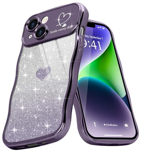 Teageo Cute Heart Pattern Curly Phone Case for iPhone 14, Wave Frame Glitter Case for Girls Women Aesthetic Bling Cover Shockproof Soft TPU Bumper for iPhone 14, Purple