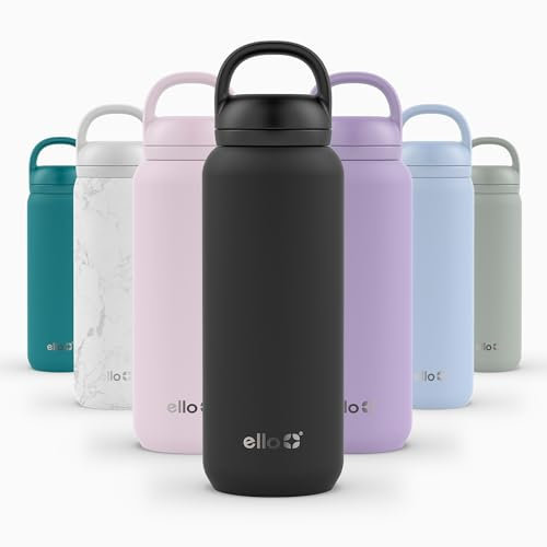 Ello Cooper Twist 32oz Stainless Steel Water Bottle with Chug Lid | Leak Proof | Double Walled and Vacuum Insulated | Built in Carry Loop | Dishwasher Safe | Black