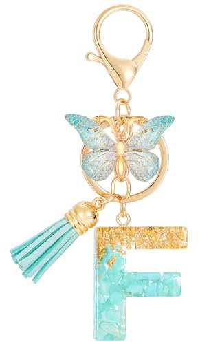 MWOOT Letter F Keychain Initiale Buchstaben-Schlüsselanhänger,Alphabet Harz Blume Key Chain mit Schmetterling Quaste Anhänger Handtasche Geldbörse Charm,Grün Keyring für Frauen(F)