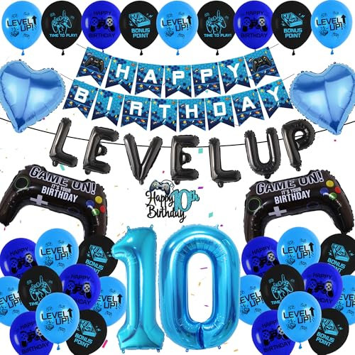 Gaming 10th Birthday Decorations - 49 Pc Blue Happy Birthday Banner Set, Level Up Latex Banners, Game Controller Foil Balloon for 10 Years Old Party Supplies