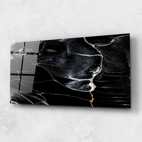 ARTHUB® Glasbild 60x150 cm, 4mm ESG | Moderne Wandbilder aus Glas für Wohnzimmer & Schlafzimmer, Wanddekoration, Wohnkultur, Abstrakte, Gold Lines On Black