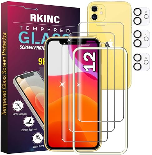 RKINC Panzerglas Schutz Glas für iPhone 12 6.1-Inch mit Rahmen-Installationshilfe und Kamera Schutzfolie, 3+3 Stück, Panzer HD Displayschutzfolie, Anti- Kratzer, Bläschenfrei, 9H Härte, HD-Klar