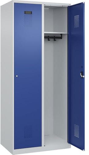 C + P Möbelsysteme C+P | Spind Evolo Plus | 2 Abteile | lichtGrau/Enzianblau | B 800 mm | mit Bodengleitern | Zylinderschloss