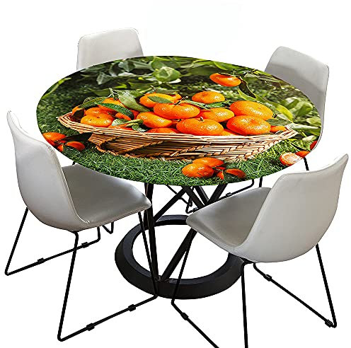 Hixingo Rund Tischdecke 3D Mandarine Tischdecke, Elastisch Tischdecken Mit Gummizug Rand Abwaschbar Indoor Tischtuch für Weihnachtsfeier, Neujahrsessen (120cm,Korb 1)