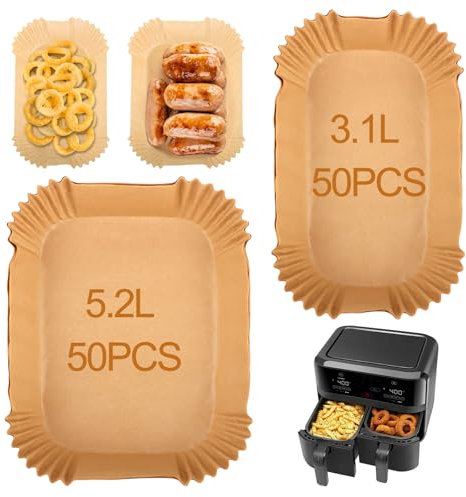 TNOMSNO Papier Cuisson Air Fryer pour Moulinex EZ901820 5.2/3.1 L, Air Fryer papier Cuisson pour Lakeland Tower Salter, Air Fryer Papier Cuisson pour Air Fryer Lakeland Tower Salter (50Pcs+50Pcs)