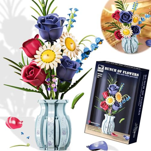 DINYOAN Rosen Blumenstrauß Bausatz mit Vase, 787 Stück Blumen Baustein DIY Blumenstrauß Set für Geschenke für Valentinstag, Muttertag, Kindertag, Geburtstag, Romantic Gifts, Kompatibel mit Lego Blumen