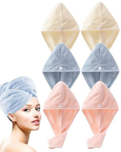 Luxury Microfiber Hair Towel Gift Set 6 Pack - Spa Quality Anti-Frizz Turbans with Button Closure, Quick Dry for Long/Curly Hair, Premium Bath Accessories for Women