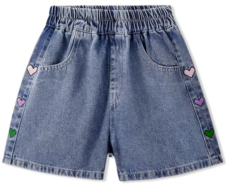 Rolanko Shorts en Jean pour Filles Taille Élastiquée Été Déchirés Jeans Courts avec Poches pour Enfants, Coeur de Couleur, Taille: 9-10 Ans, 140