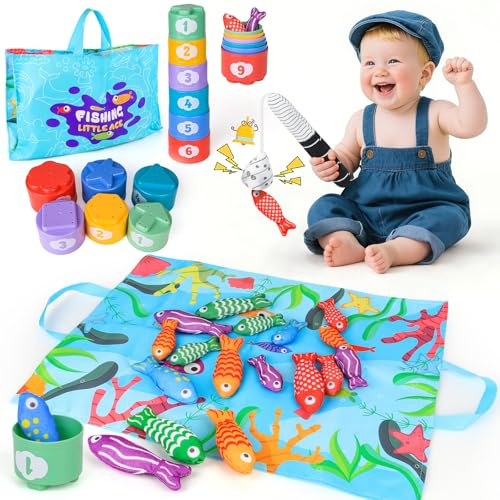 MPQMPQ Montessori Fishing Game Toys for Baby Age 1+ Year Old | Baby Fish Game for Colour Sorting with Stacking Cups & Storage Mat Bag, Educational Birthday Gifts for Toddlers Aged 1 2 3