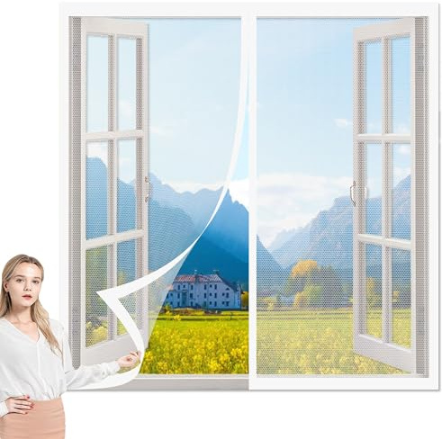 Moustiquaire de Porte Ou Fenetre Magnetique 151 x 180 cm Moustiquaire de Balcon Respirantes Maille Ultra Fine pour Fenêtres Porte, Blanc