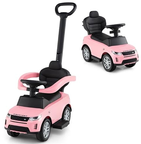 COSTWAY 3-in-1 Rutschauto mit Schiebestange, Rutschfahrzeug mit abnehmbarem Griff und Schutzbügel, Rutscher Auto mit Hupe & Sound für Kinder ab 1 Jahr (Rosa)
