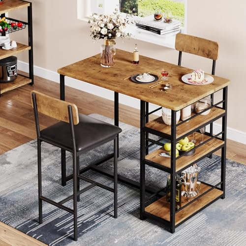 Garvee Bartisch Set 3-Teilig Stehtisch Esstisch mit 2 Stühlen Essgruppe mit Rückenlehne Küchentisch mit 3 Ablagen für Esszimmer Küche Bistro Retro