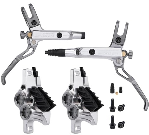 MEROCA IIIPRO E4 Hydraulische Scheibenbremse Set - 4-Kolben MTB Bremsen 641N Bremskraft TÜV Zertifiziert Leicht 475g für Mountain/E-Bike/Faltrad (Silber, Links Hinten Rechts Vorne)
