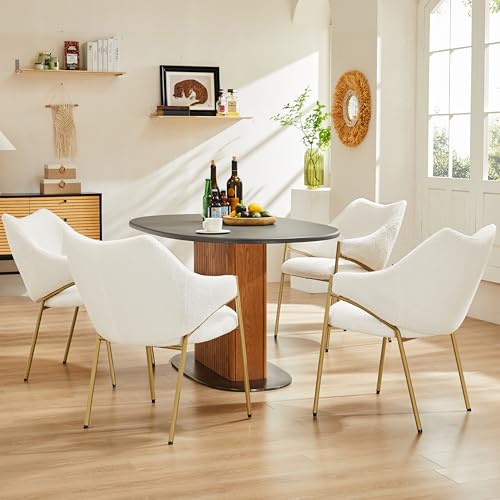 IHO SOFA 4er Set Esszimmerstühle, Essstühle, Küchenstuhle, Lamm Plüsch Stoff und Verdicktes Sitzkissen, Küche/Esszimmer/Wohnzimmer/Arbeitszimmer, Ergonomischer Sessel, Beige Küchenstuhl