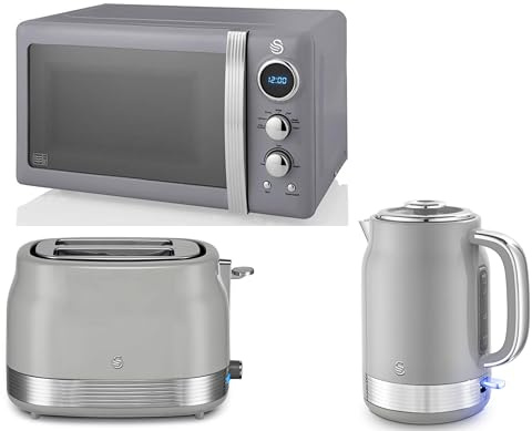 Swan Retro Revive Grey 1.7L 3KW Jug Kettle, 2 Slice Toaster & Retro 800W 20L Microwave. Matching Vintage Design Kitchen Set in Grey with Chrome Accents