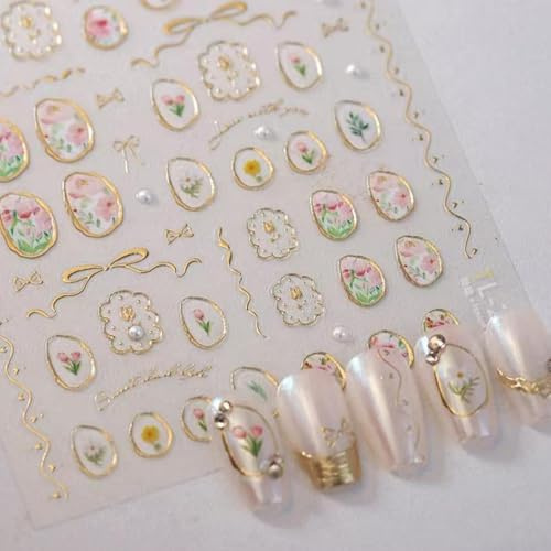 Celblisora 5D Nail Art Stickers with Embossed Flowers, Tulip Adhesive, Irregular Geometric Frames, Nail Stickers, Golden Hollow Designs, Nail Stickers, Accessories