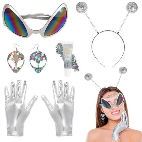 OPEIXSAYKOC Alien Kostüm Set,Alien Haarreif+Brille+Handschuhe+Glitter Gel+Ohrring,AlienKostüm Damen,Rave Outfit,Damen Verkleidung Kostüm Fasching Karneval Halloween Zubehör