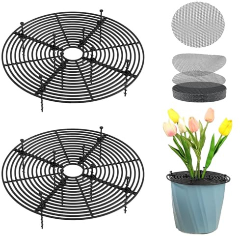 HSYTEK 2er-Set 30cm Blumentopfgitter,Pflanzenschutz Katzen, 25 Stück 10cm Blumentopf Netzpolster Blumentopfloch Matten, Blumentopf Abdeckung für Haustiere Schutz von Pflanzen Umkippen (schwarz 2)