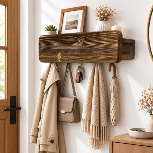 JKOKPMG Schlüsselbrett mit Ablage, Schlüsselbrett Holz mit 5 Haken Nutzt | Schlüsselhalter mit Edelstahlhaken,Schlüsselanhänger Wand Key Holder Wall Modern,Wandregal Schlüssel für Flur & Eingang