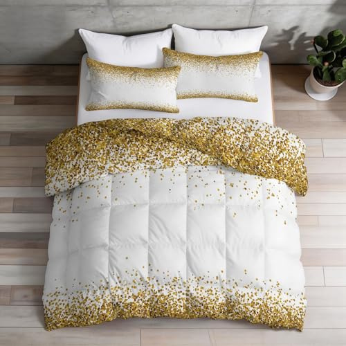 Barntäcke, 260 x 240 cm, gyllene minimalistiskt för flicka pojke - sängkläder för 1 person, lätt och mjukt - alla årstider glittrande paljett partytäcke med 2 örngott