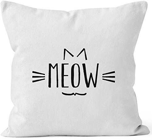 MoonWorks Kissenbezug Meow MIAU Katze Cat Kissen-Hülle Deko-Kissen 40x40 Baumwolle Weiss 40cm x 40cm
