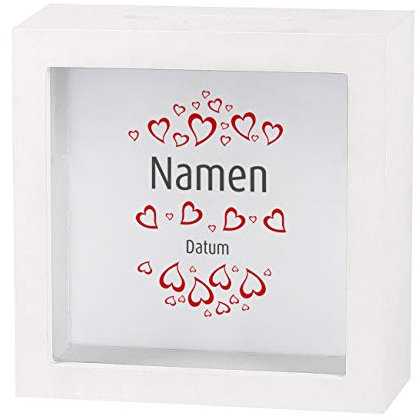 Herz & Heim® Geldgeschenk zur Hochzeit als Bedruckte Bilderrahmen Spardose - individuell für Sie erstellt mit Namen und Datum (Herzen)
