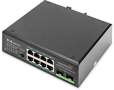 DIGITUS Switch di rete industriale a 10 porte Gigabit PoE - 8x RJ45 + 2x Gigabit SFP uplink - non gestito - montaggio su guida DIN - 10/100/1000 Mbit/s - nero