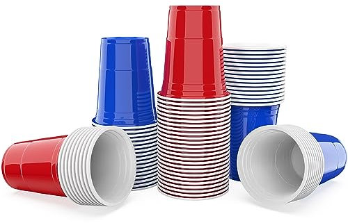 AOLUXLM 50 Gobelets Cups, Réutilisables Gobelets en Plastique Rouges et Bleus Gobelets en Plastique de 16 oz - L'ensemble Comprend 10 Balles de Ping-Pong + 54 Cartes à Jouer