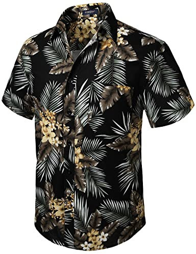 HISDERN Men Funky Hawaiian Floral Leaf Shirts Short Sleeve Front Pocket Holiday Summer Aloha Printed Beach Casual Black Brown Hawaii Flower Shirt L