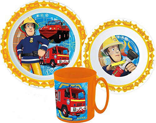 susurrus Feuerwehrmann Sam Kinder-Geschirr-Set mit Teller, Müslischale und Trinkbecher (wiederverwendbar) - 3-teilig, BPA-frei, Mehrfarbig, Cartoon, Geburtstag, Kunststoff, Spülmaschinengeeignet