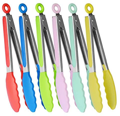HINMAY 9-Inch Silicone Tongs Set Colorful Serving Tongs, Set of 6 (Red Blue Green Pink Mint Yellow)