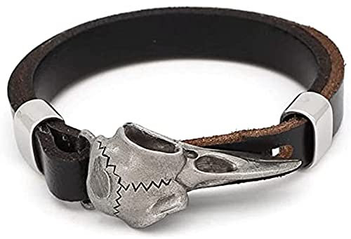 DPGOLDP Odins Raben Rindslederarmband Krähen-Piraten-Totenkopf-Kopf Nordische Wikingerkette Herrenschmuck Mit Verstellbarer Länge