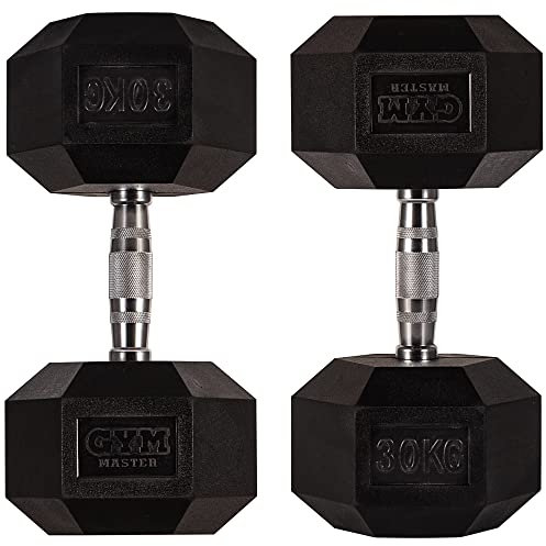 GYM MASTER Hex Dumbbells - Rubber Encased Cast Iron Hand Weights and Optional 3 Tier Rack