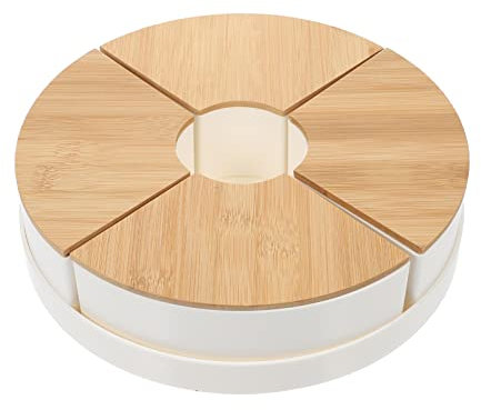 STOBOK Snack Tray with Lid Divided Candy Box Nut Holder Dried Fruit Box Tray Round Appetizer Tray with Wooden Cover 4 Compartment Dry Food Storage Organizer Dish Platter, White, 26X26X7CM