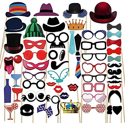 SacJkt Fotobox Accessoires, Party Foto Requisiten, 58PCS Foto Verkleidung mit Sticks und Stickern, Fotobox Zubehör Foto Requisite Kit für Erwachsene und Kinder, Hochzeit Geburtstag Party