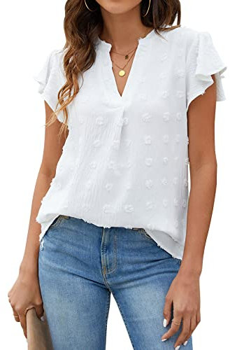 Blooming Jelly Womens White T-Shirts Chiffon Blouse V Neck Ruffle Sleeve Summer Tops
