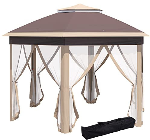 Outsunny Pavillon 4x4m Wasserdicht Pop-up sechseckiger Faltpavillon, Doppeldach, Gartenpavillon mit 6 Seitenteilen, Partyzelt inkl. Tragetasche, für Garten, Terrasse, Festival, Beige+Khaki