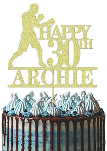 GuteGifts Personalised Boxing Cake Topper | Custom with Any Name Any Age Boxing Lover Sports Theme Happy Birthday Party Decoration for Him Her 21st 30th 40th 50th 60th (Gold)