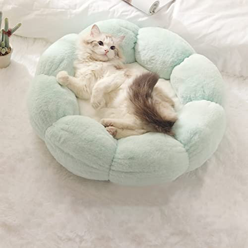 Nyescasa Katzenbett Hundebett Katzensofa Hundesofa Waschbar Flauschiges Katzenschlafplatz Plüsch Weich Kuschelbett Katzen Hunde Runde Blume Warmes Grün + Weiß 40cm für Haustiere unter 4kg