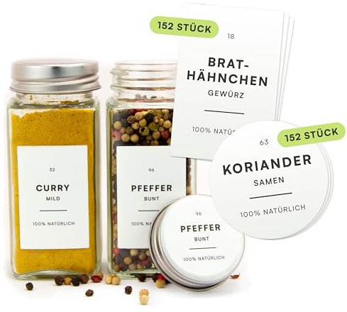 Mokali® Gewürzetiketten (304 Stück) Weiß - Aufkleber Gewürze Etiketten selbstklebend - rund minimalistisch wasserfest - zum Beschriften von Gewürzgläsern