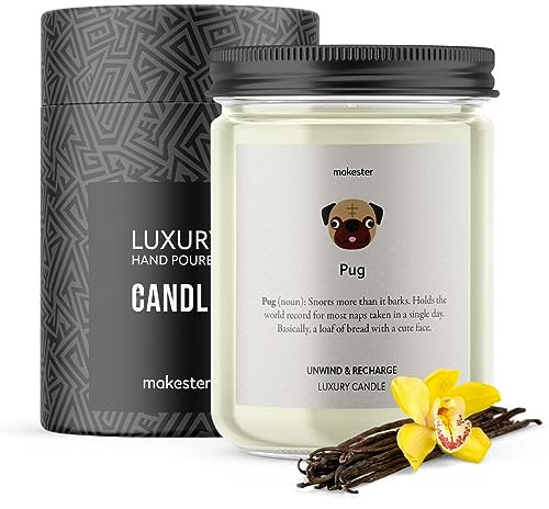 Pug Gifts - Luxury Soy Wax Candle - Vanilla, Jasmine, Sugared Almond - Makester