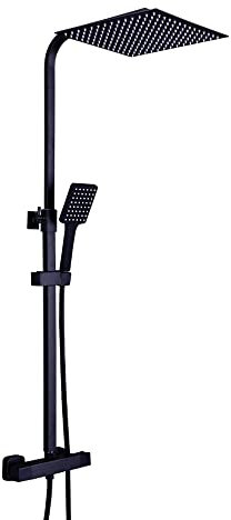 12 Zoll Duschsystem mit Eckig 30cm Duschkopf Duscharmatur Schwarz mit Regendusche & Handbrause Thermostat 38℃