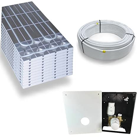 Warmwasser Trockenestrich Fußbodenheizung HoWaTech DRY Komplett Set 5/10m² Dämmplatte 30mm EPS WLG 035 DEO und TH-RTL Regelbox, Heizfläche:5.00m²