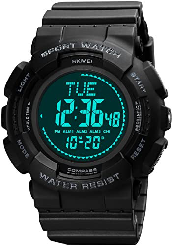 findtime Kompass Armbanduhr für Herren Jungen 5 ATM wasserdichte Sport Digital Uhr mit Weltzeit/Timer/12/24H/Wecker/Kalender/Stoppuhr Große Zifferblatt LED Schwarz