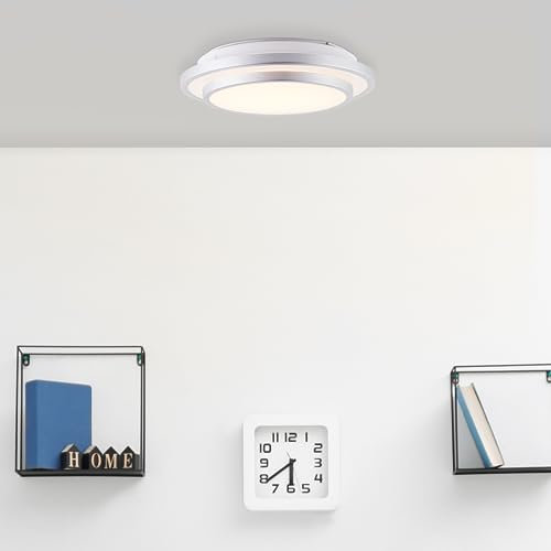 Lightbox LED Wand- & Deckenlampe mit hellgrauem Rahmen & warmweißer Lichtfarbe (3000 K) | Ø 28 cm | zeitlose Deckenleuchte | 12 W | 1200 lm | aus Metall/Kunststoff | in Aluminiumfarben/Weiß