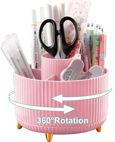 Lenfuos Schreibtisch Organizer, 360 Grad drehbarer Büro-Organizer Stifthalter, 5 Sortierfächer für Stifte, Hefter, Ordnerklammern, Haftnotizen, Platzsparendes Desk Organizer(Rosa)